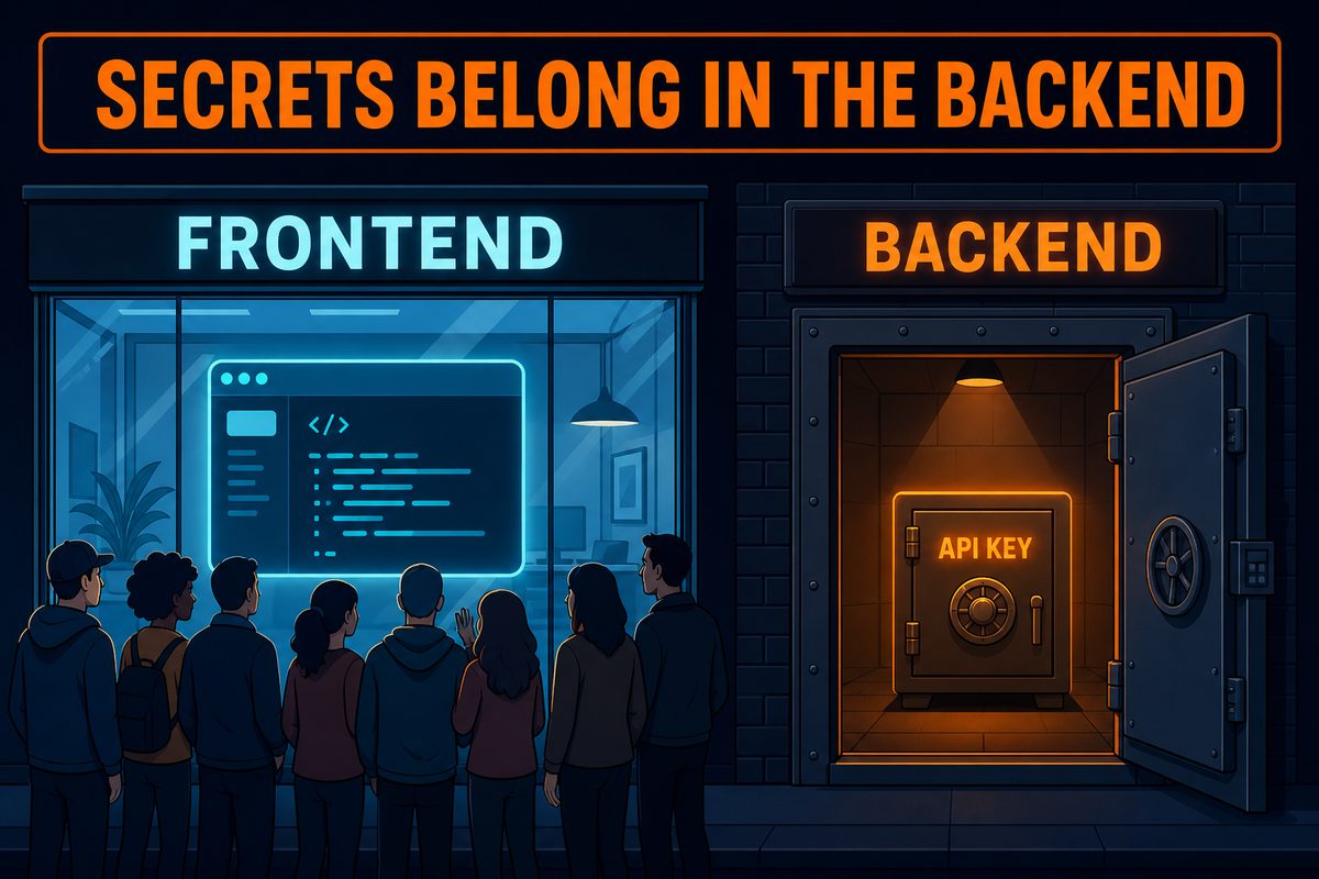 SECRETS BELONG IN THE BACKEND 문구와 함께 통유리 FRONTEND 매장과 API KEY 금고가 있는 BACKEND 방을 대비시킨 일러스트