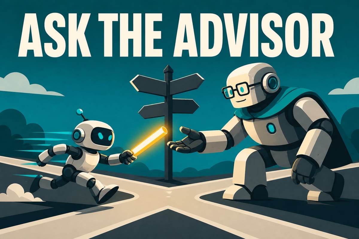 Ilustración de un pequeño robot entregando el testigo a un robot grande en una bifurcación, con el texto ASK THE ADVISOR