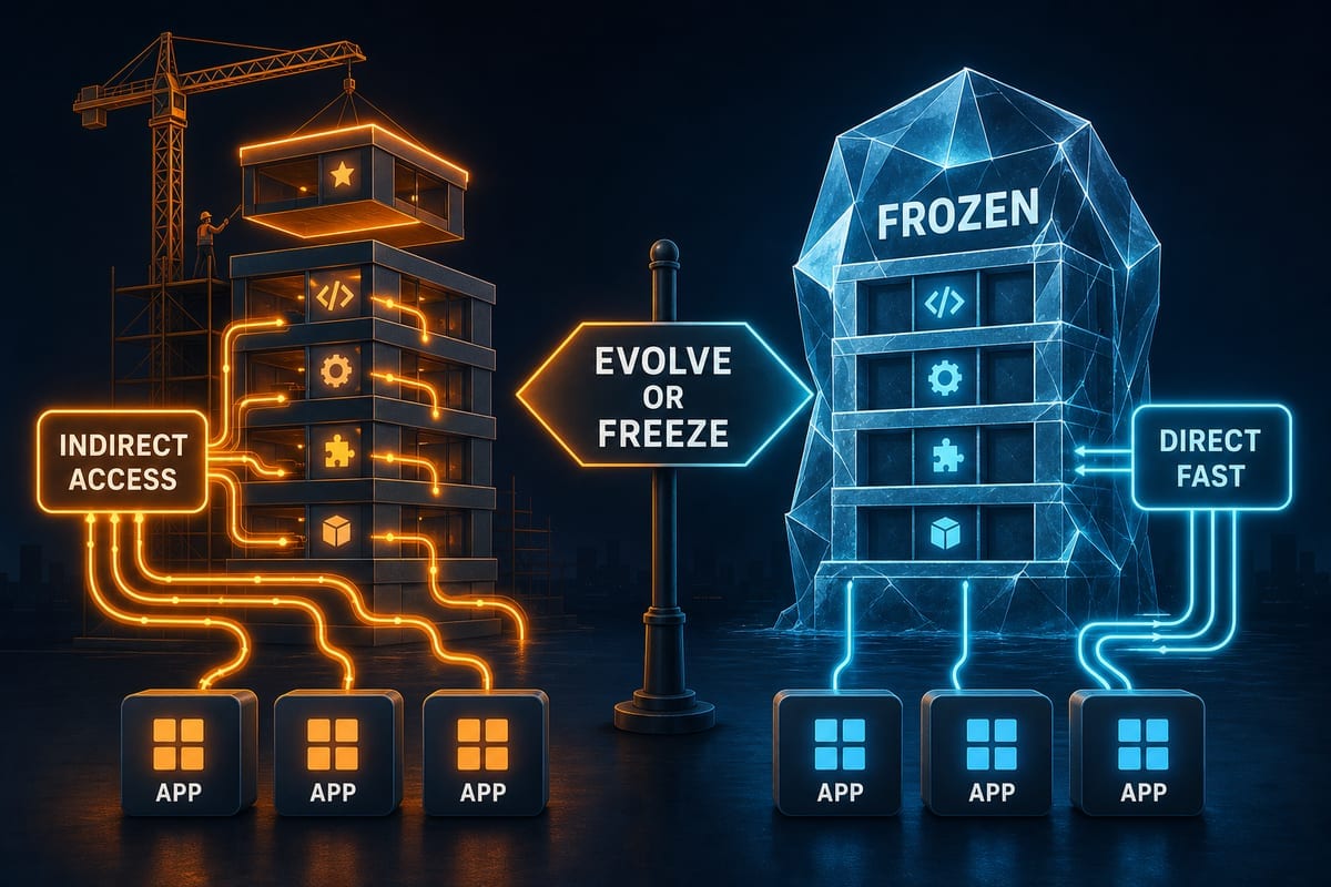진화 가능한 프레임워크와 @frozen 동결 구조의 접근 속도를 대비한 일러스트