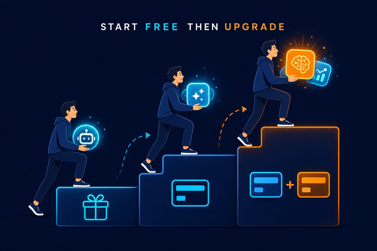 START FREE THEN UPGRADE 텍스트와 무료에서 구독으로 올라가는 3단계 계단 일러스트
