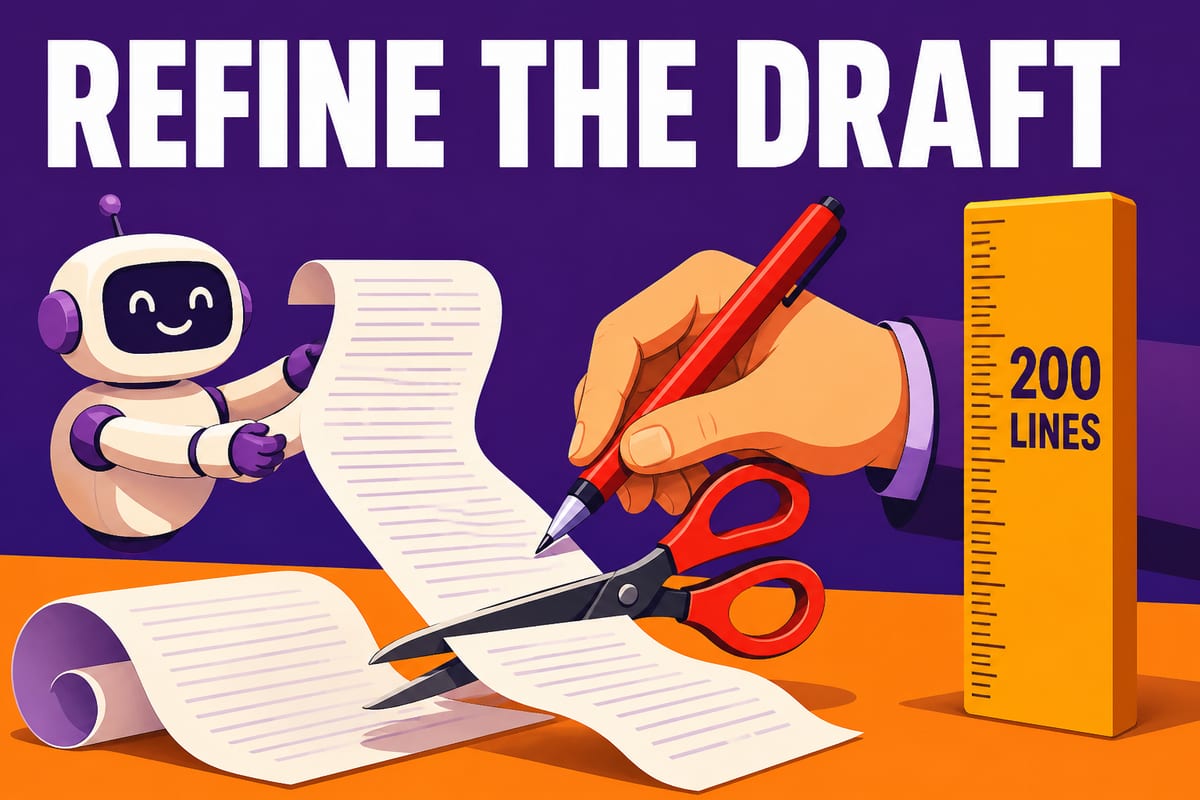 REFINE THE DRAFT 문구와 CLAUDE.md 초안을 빨간 펜으로 다듬는 손 일러스트