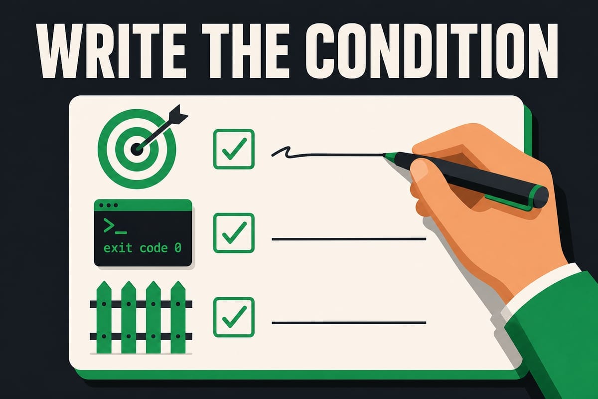 WRITE THE CONDITION 문구와 목표 조건 체크리스트를 쓰는 손 일러스트