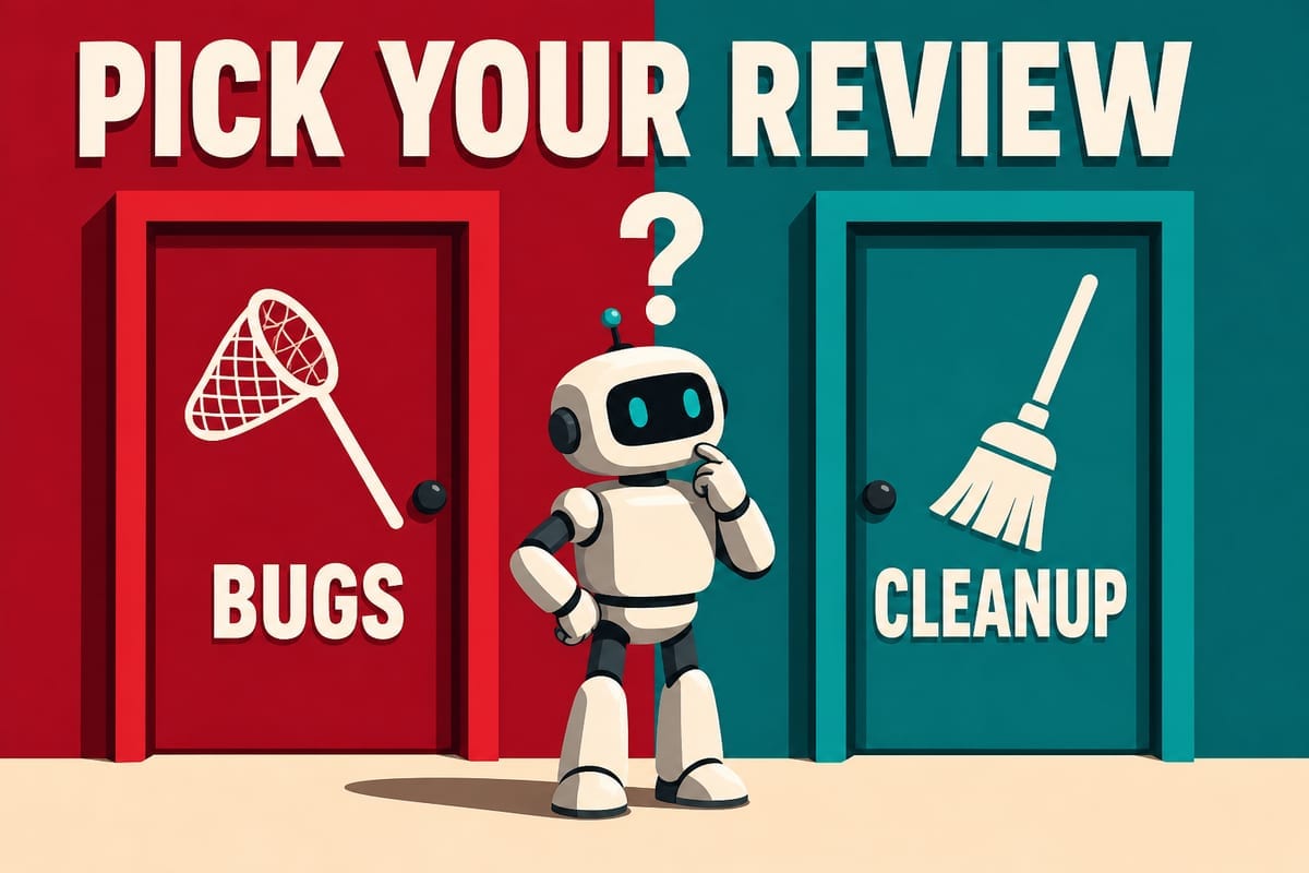 PICK YOUR REVIEWの文字と、BUGS・CLEANUPと書かれた2つのドアの前で迷うロボットのイラスト