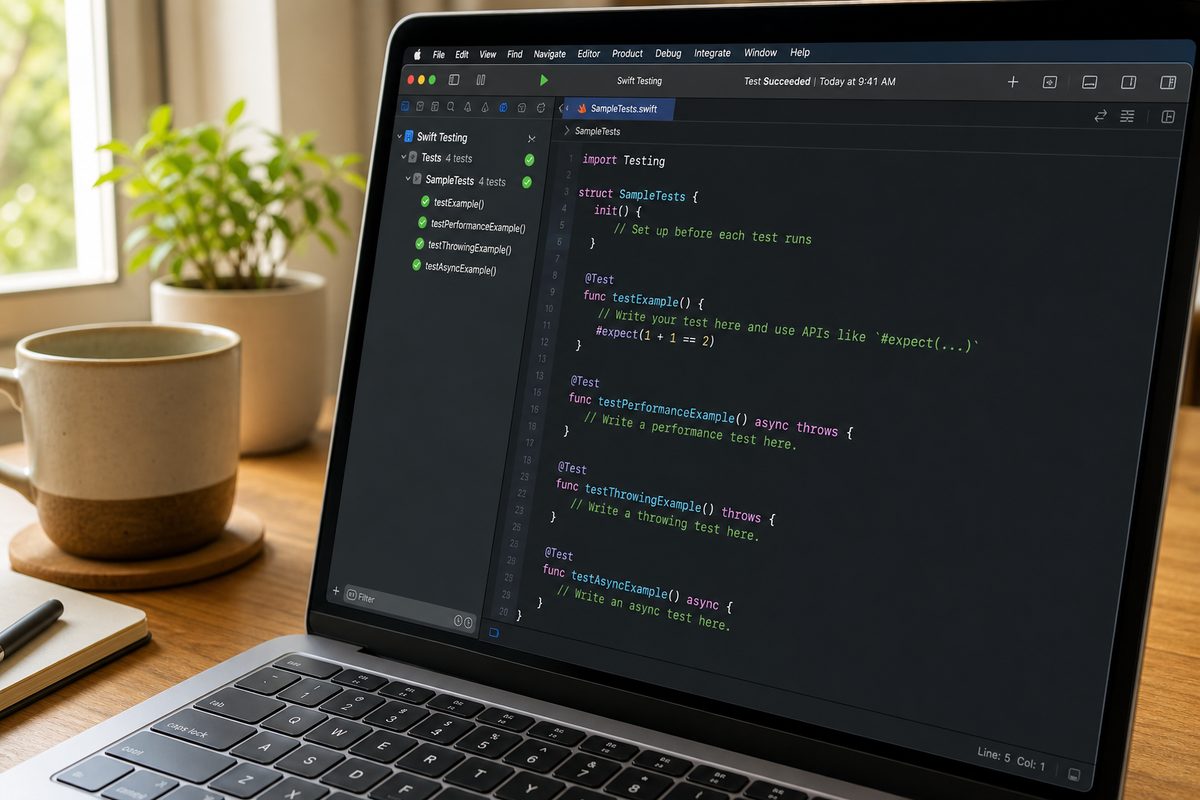 Xcode에서 @Test와 init()으로 작성한 Swift Testing 테스트 스위트와 통과 결과 화면