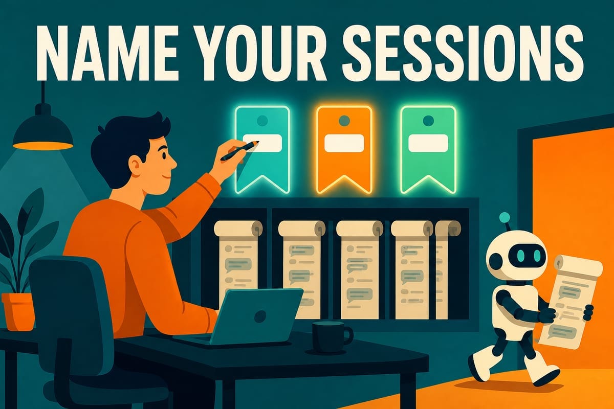 Ilustración de una persona poniendo etiquetas con nombres a un pergamino de sesiones guardadas junto al texto NAME YOUR SESSIONS