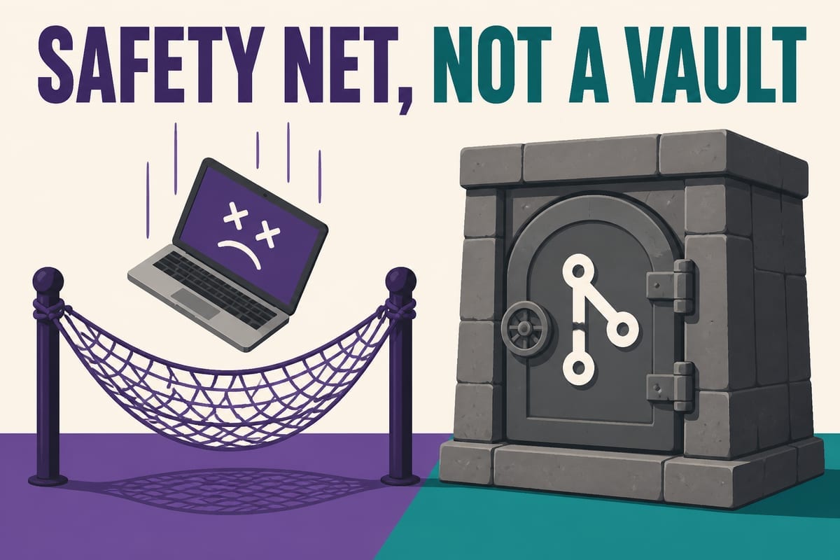 SAFETY NET NOT A VAULT 문구와 노트북을 받는 안전망, git 금고 일러스트