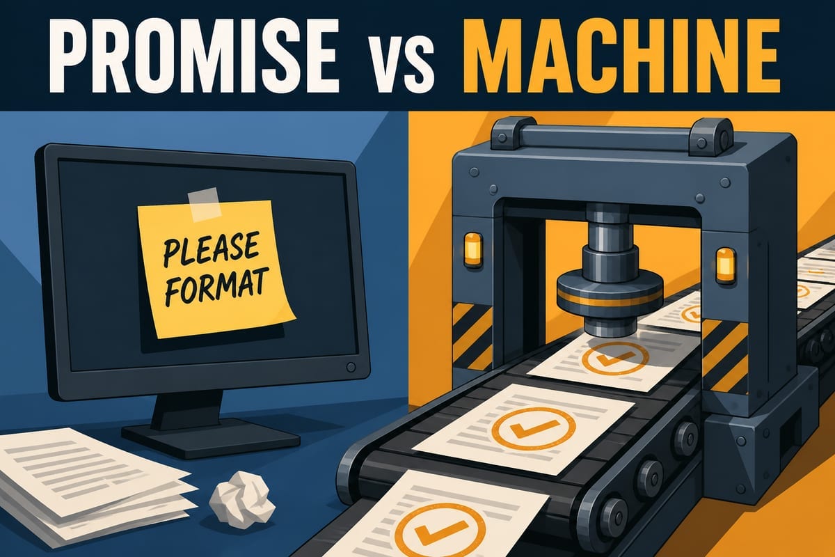 Ilustración que contrasta «PROMISE vs MACHINE» con una petición en una nota adhesiva y una máquina de aplicación automática