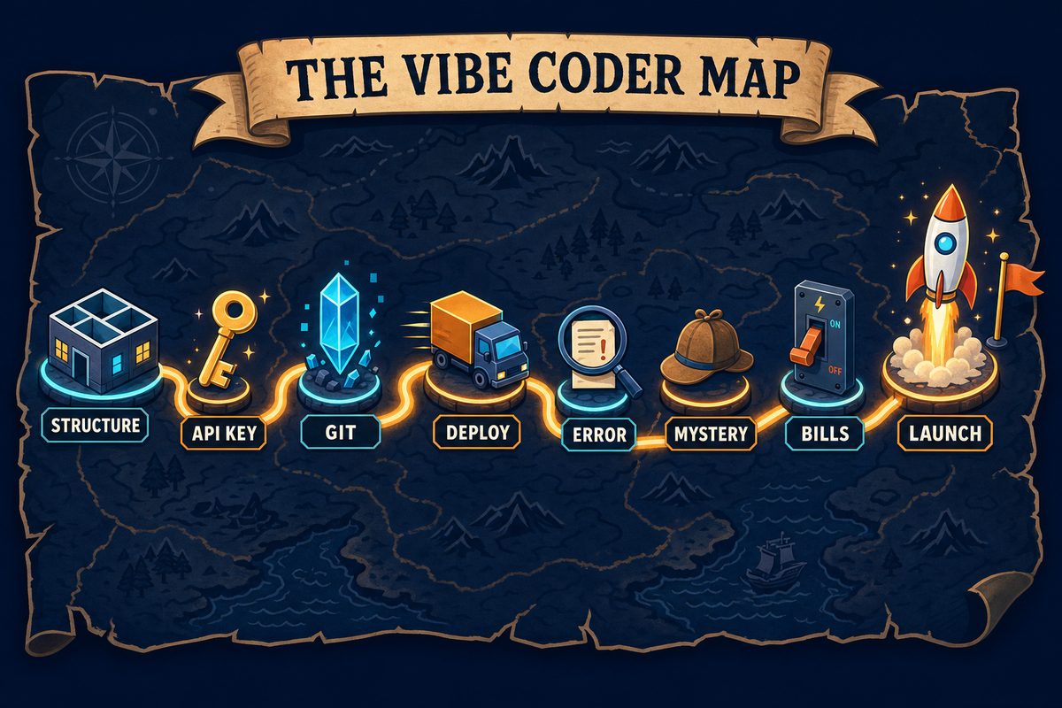 THE VIBE CODER MAP 배너와 여덟 지점을 잇는 모험 지도 일러스트