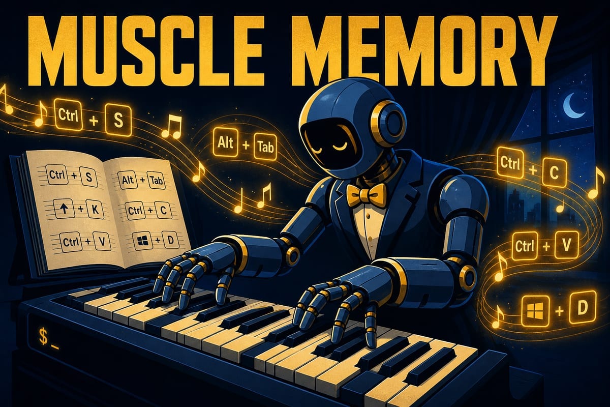 MUSCLE MEMORY 문구와 키 조합 악보를 연주하는 피아니스트 로봇 일러스트