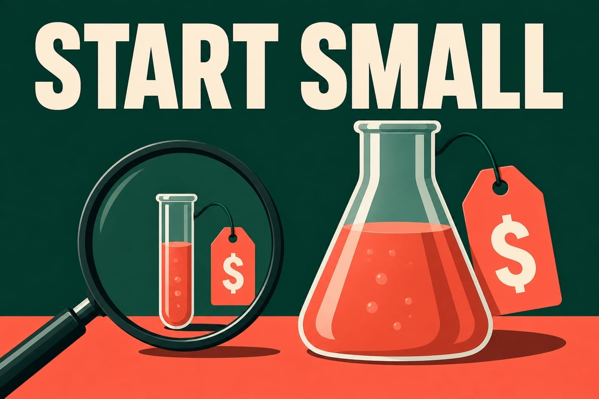 Ilustración comparativa de un tubo de ensayo pequeño y un matraz grande con el texto START SMALL y una tabla de precios