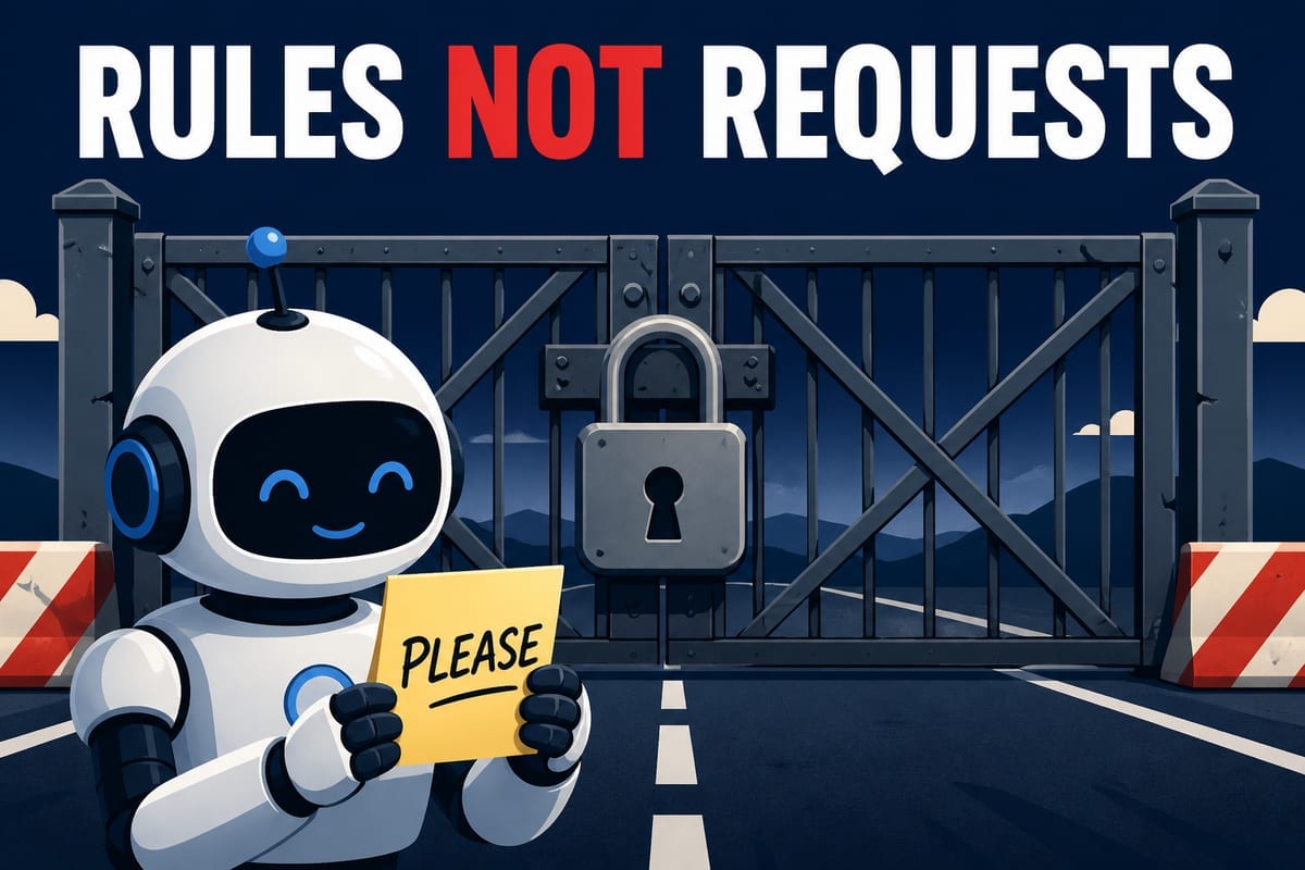 RULES NOT REQUESTS 문구와 포스트잇 부탁, 잠긴 철문의 대비 일러스트