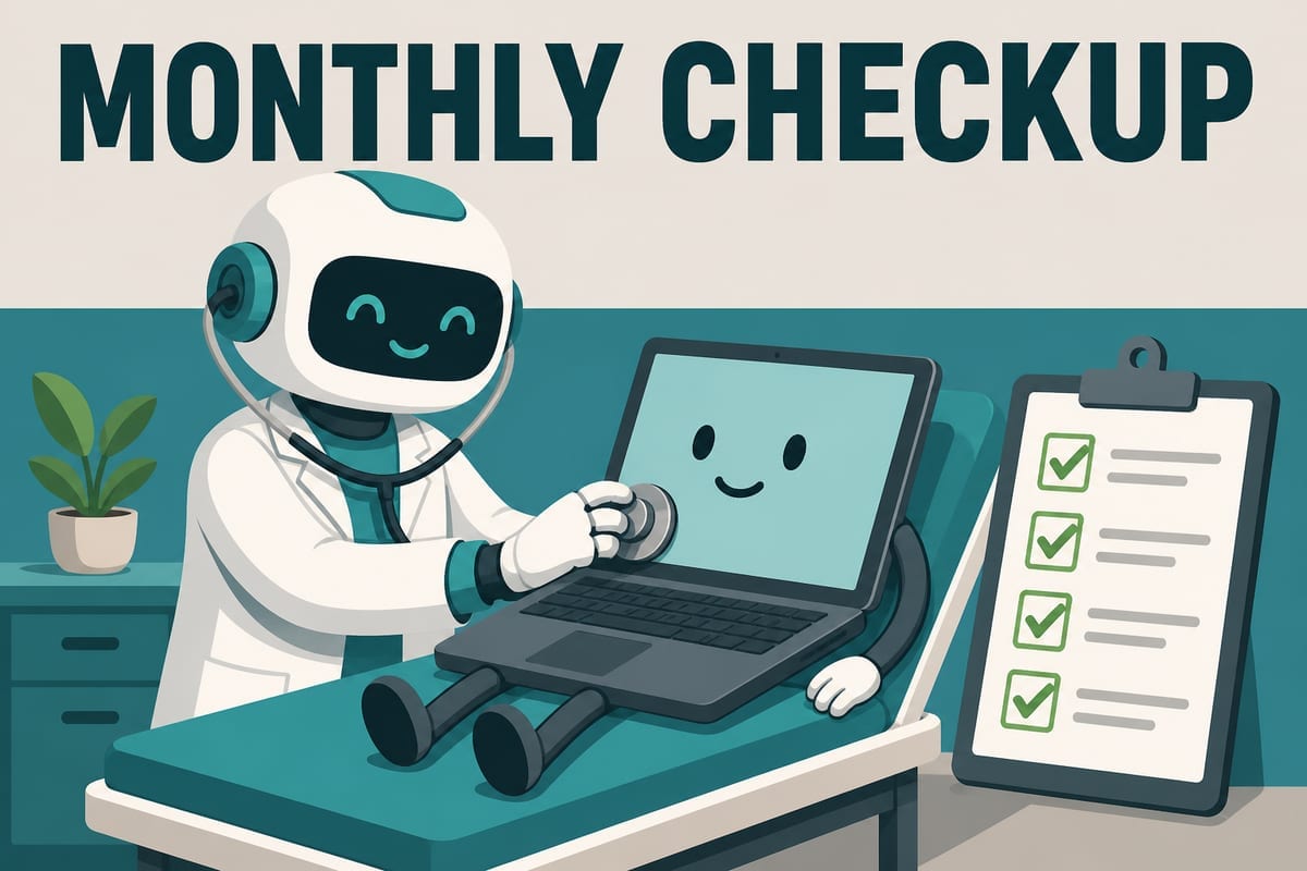 MONTHLY CHECKUP 문구와 노트북을 진찰하는 로봇 의사 일러스트