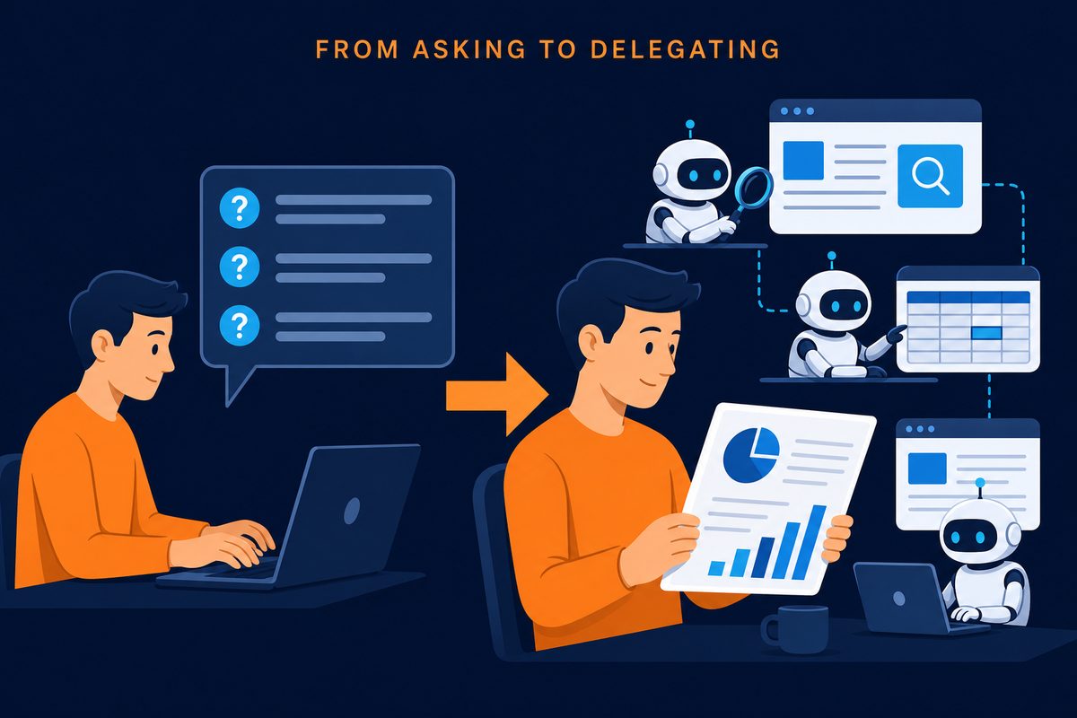 FROM ASKING TO DELEGATING 텍스트와 질문하던 사람이 로봇 팀에게 일을 맡기고 검수하는 일러스트