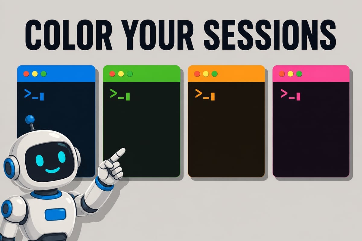 COLOR YOUR SESSIONSという文字と、色の異なる4つのターミナルを指し示すロボットのイラスト