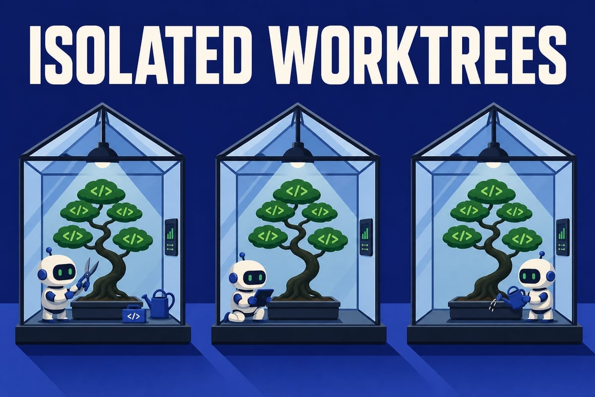 ISOLATED WORKTREES という文字と、ガラス温室の中でそれぞれ作業するロボットたちのイラスト