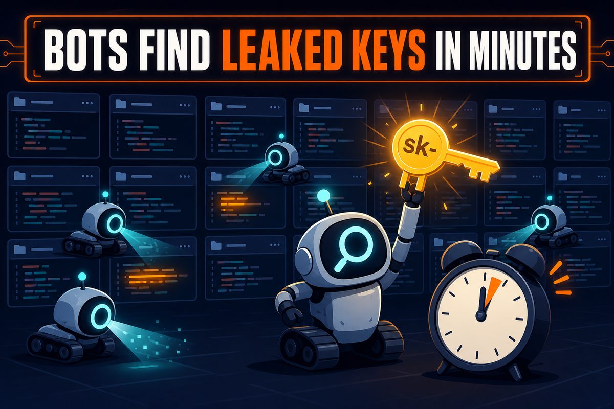 BOTS FIND LEAKED KEYS IN MINUTES 문구와 함께 공개 코드 저장소를 훑는 로봇들이 sk- 키를 찾아내는 장면의 일러스트