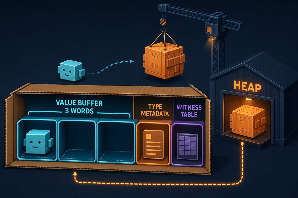 Cross-section of a single-protocol existential: 3-word value buffer plus metadata and witness-table pointers