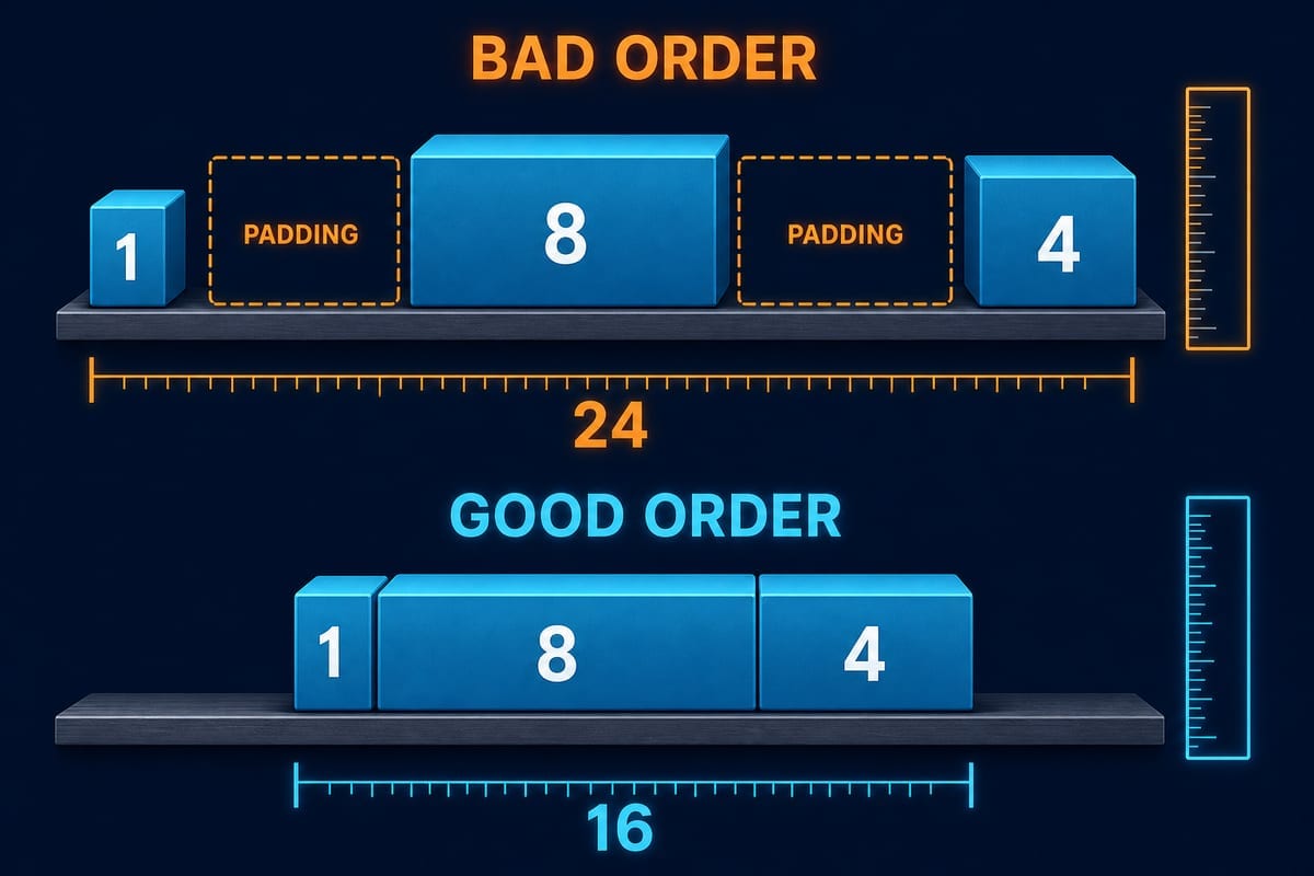 Alignment comparison: reordering the same three boxes reduces 24 bytes to 16