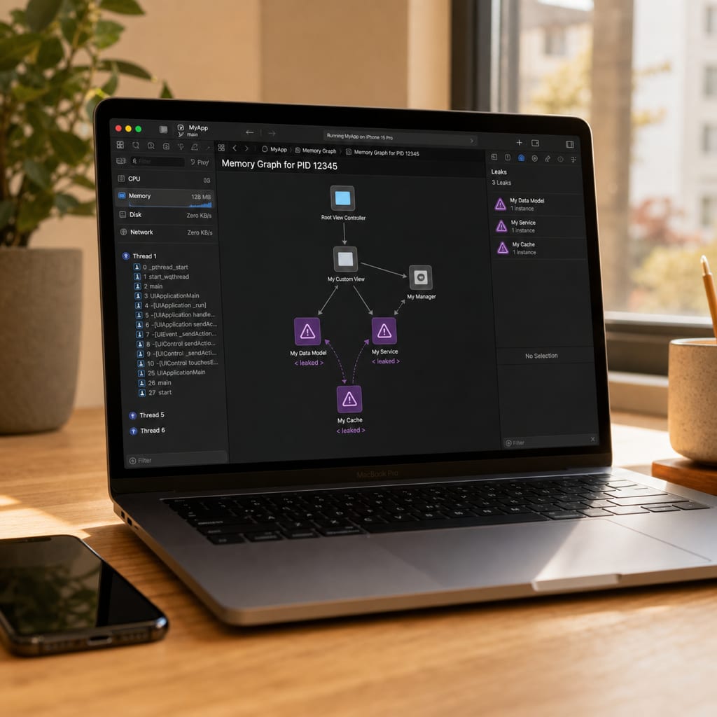 Xcode 메모리 그래프 디버거에 누수 경고 아이콘이 뜬 노트북 화면
