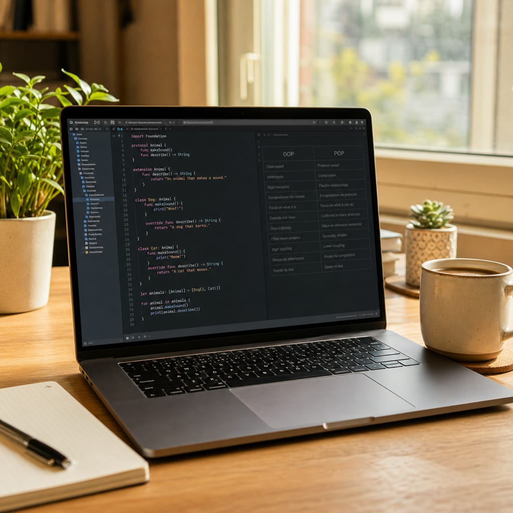 OOP와 POP 비교 표가 떠 있는 Xcode 화면과 커피가 놓인 책상