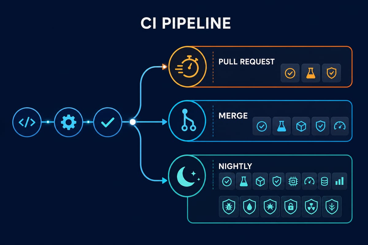 CI PIPELINE 텍스트와 풀 리퀘스트·머지·야간 빌드로 나뉜 테스트 실행 파이프라인 일러스트